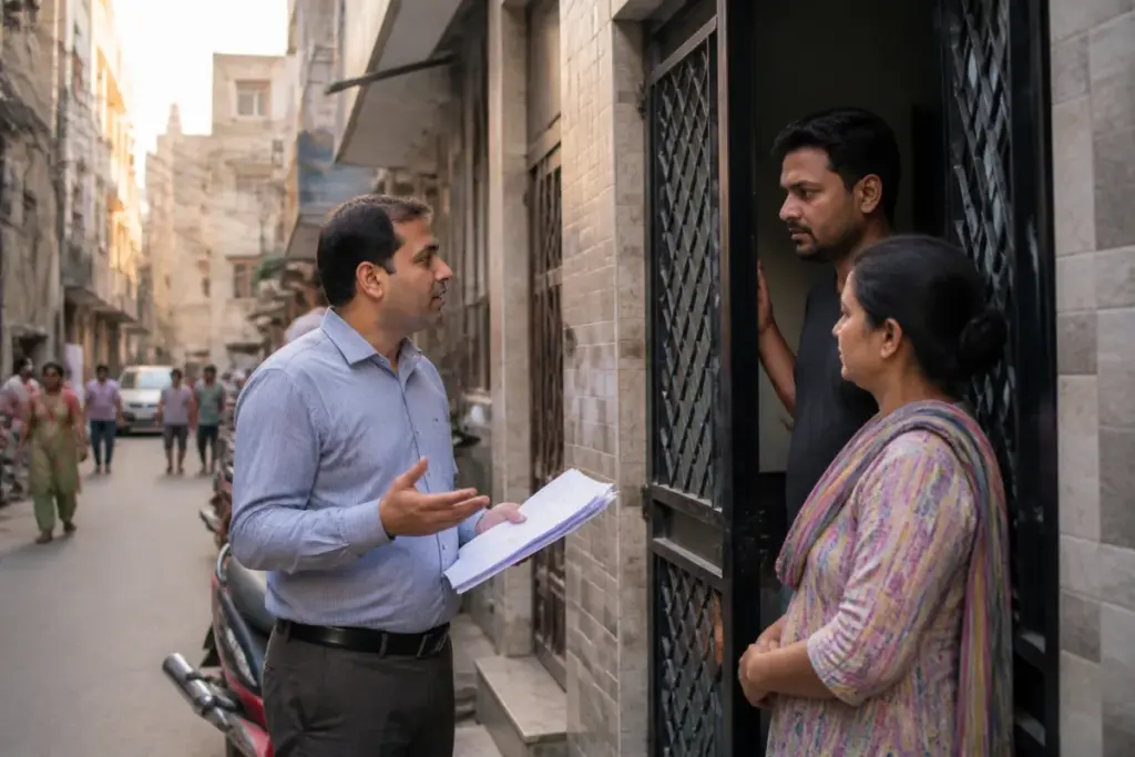 Delhi SIR voter enrolment forms being processed during a voter verification drive