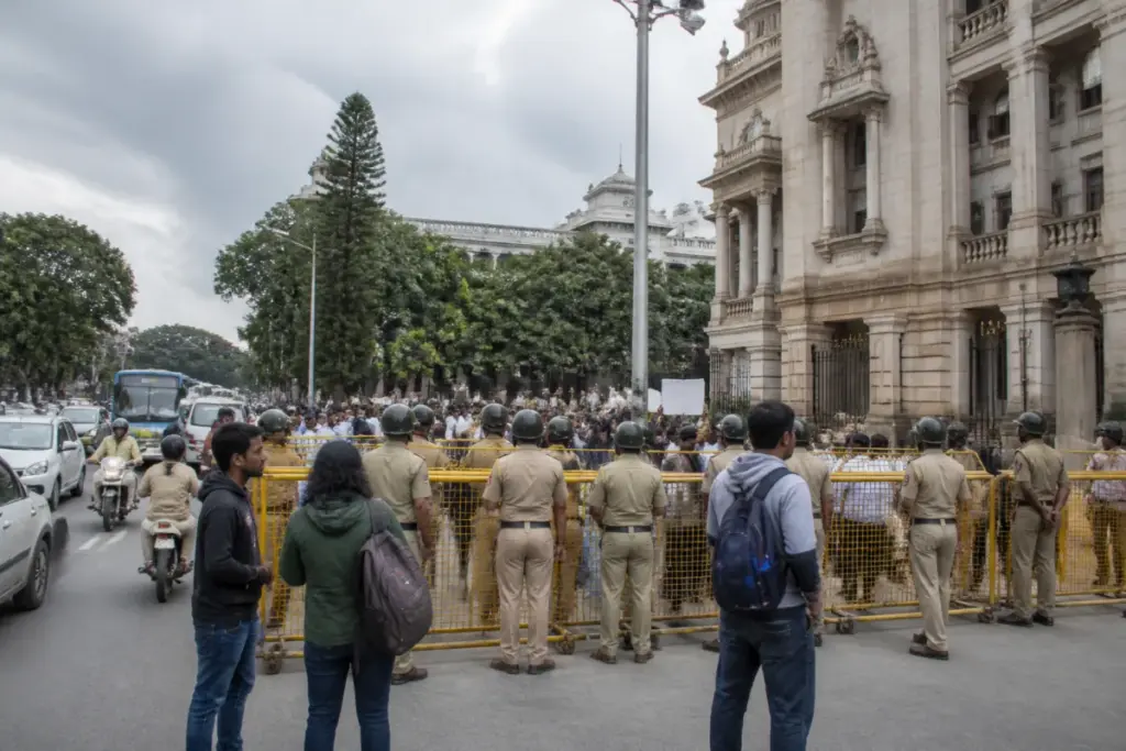 Police barricades near Bengaluru Town Hall during an anti-SIR protest