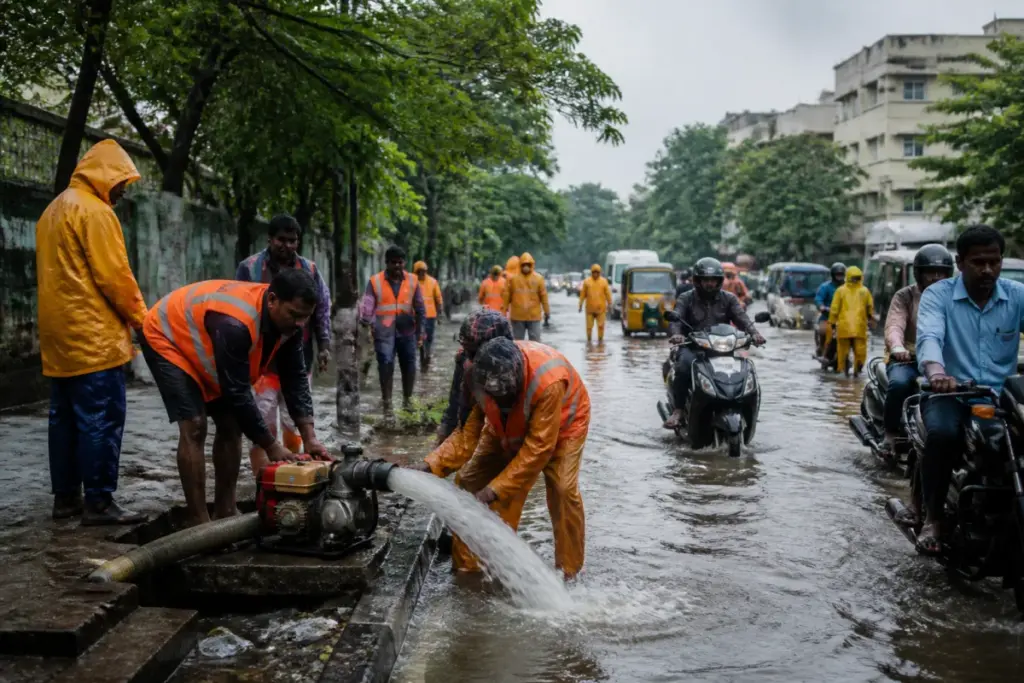 Chennai monsoon preparedness teams respond to flooding on an urban road