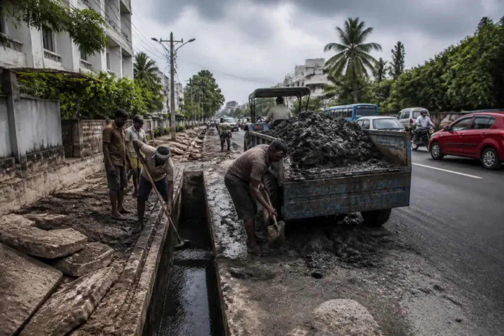 Chennai monsoon preparedness works on a rain-ready urban road with stormwater drains