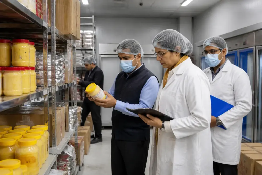 Delhi ghee safety inspection of packaged ghee and food products in a retail storage facility