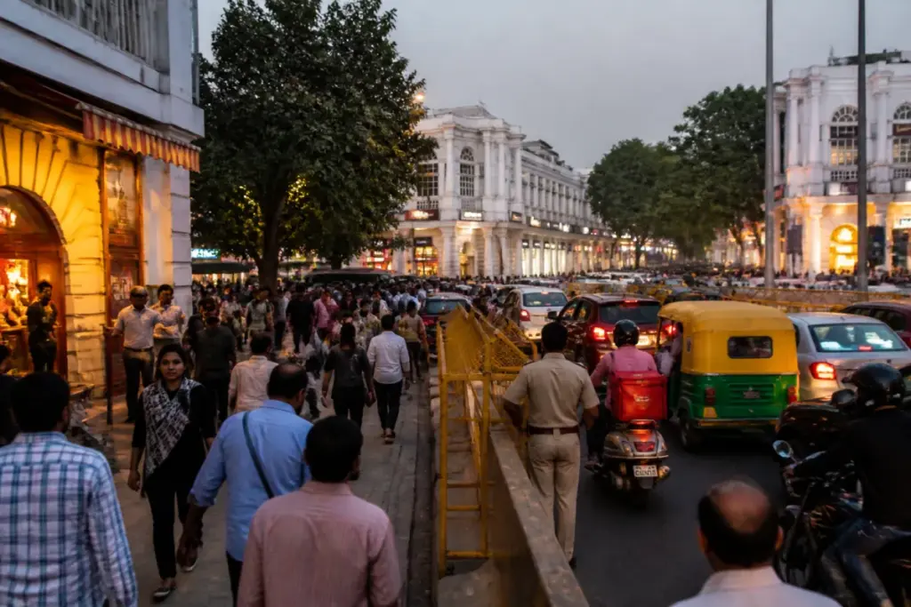 Delhi protests near a busy Connaught Place market affecting traffic and customer access