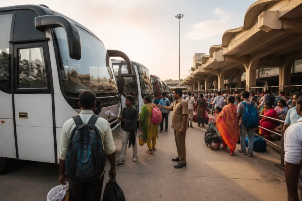 Chennai special buses operating at a busy city bus terminus during the Ayudha Pooja holiday rush