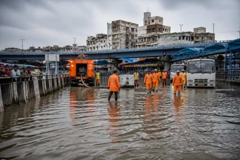 Chennai waterlogging response teams working near a flooded city road