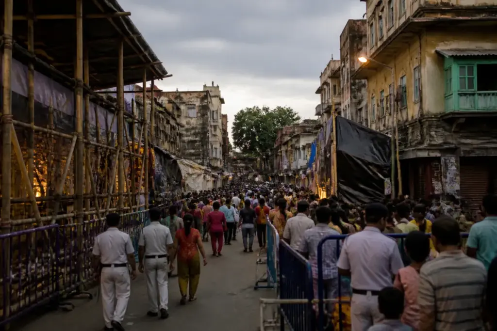 Kolkata puja pandal area affected by the Chorbagan incident, with stalls narrowing a crowded road.