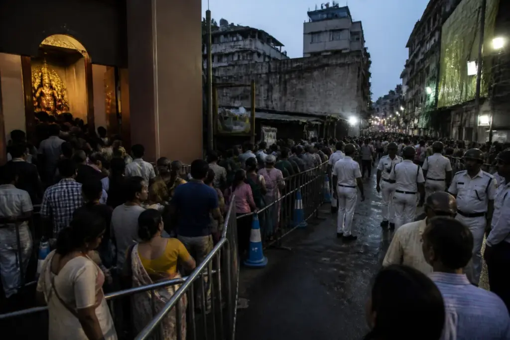 Kolkata pandal stampede site with a crowded festival entrance and narrow access route