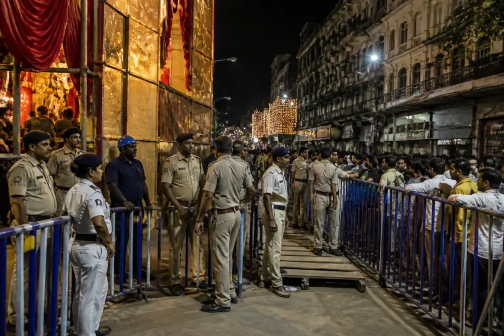 Kolkata puja pandal safety inspection with barricades and emergency access routes