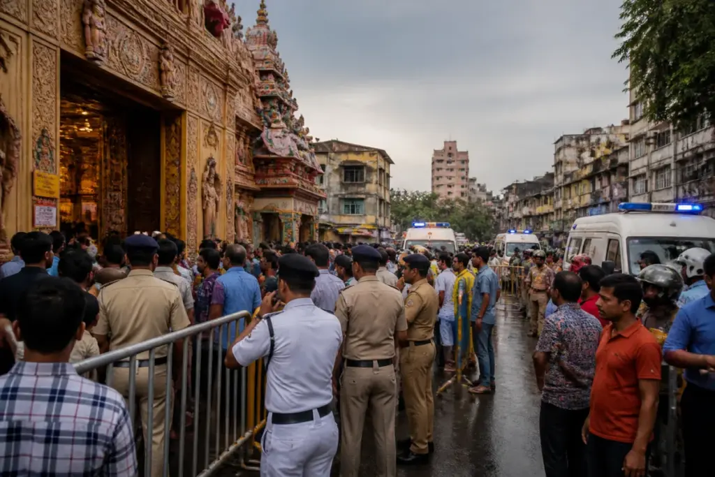 Kolkata stampede aftermath near a crowded Durga Puja pandal