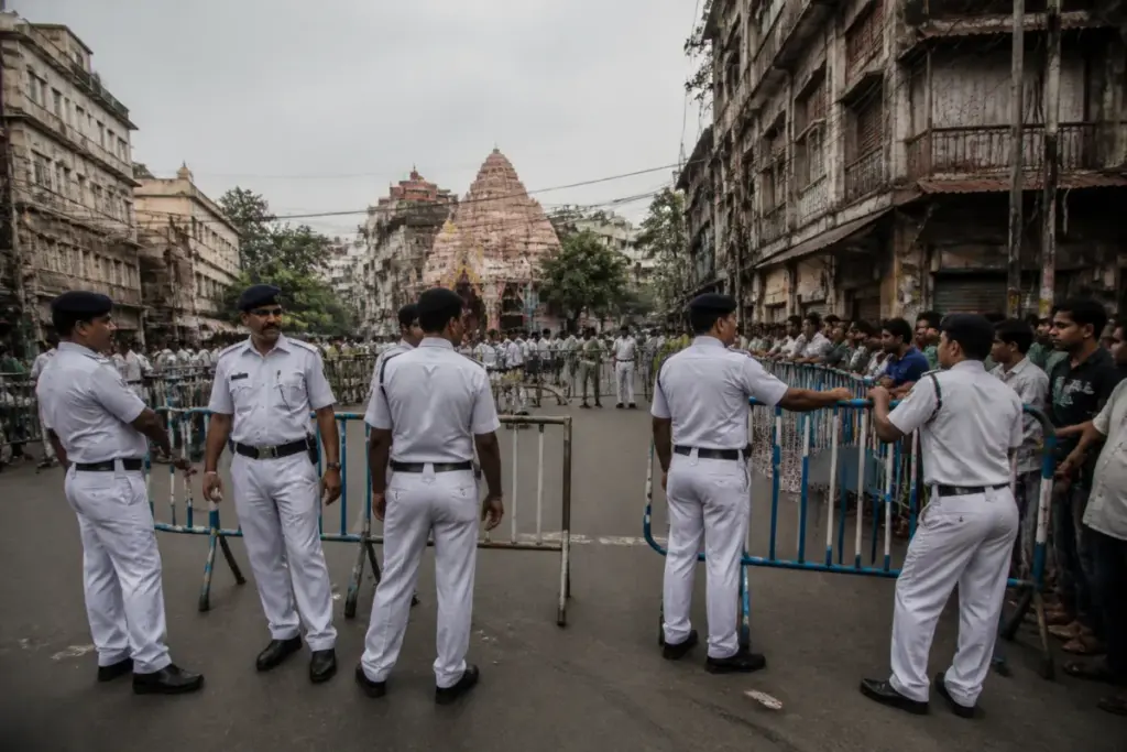 Kolkata Police restrictions around the Chorbagan puja area after a serious incident