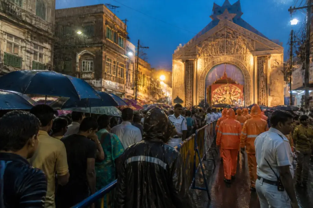Chorbagan stampede site with rain-soaked Kolkata streets and a crowded festival pandal entrance