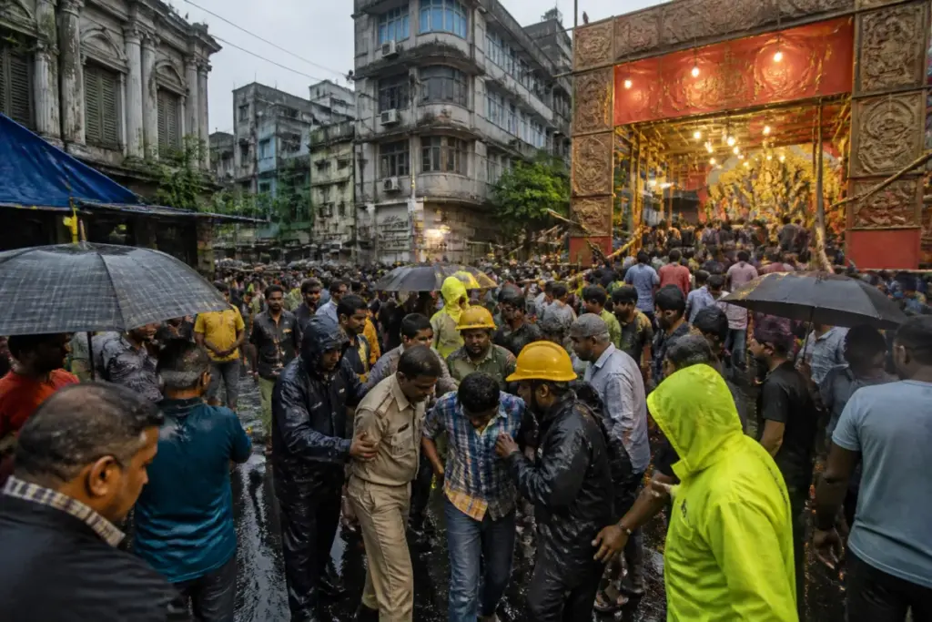 Crowded Kolkata pandal entrance during heavy rain after the Chorb​​agan stampede