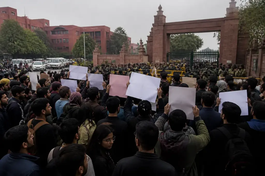 Jamia protest near a university gate with students and security personnel in Delhi