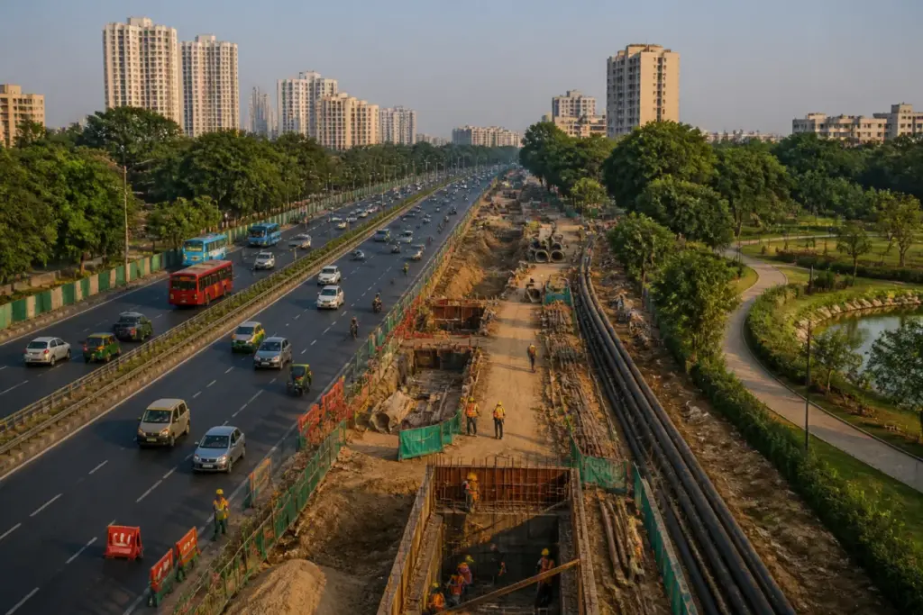 South Delhi development projects with a major road corridor and urban infrastructure under construction