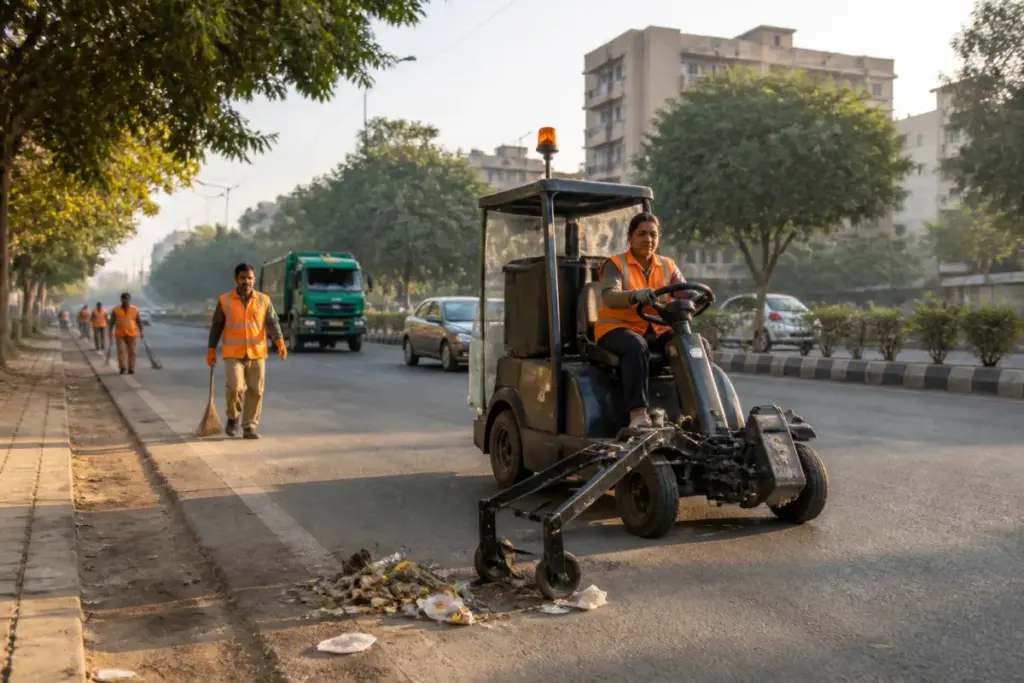 Delhi MCD litter pickers operating on a city street with municipal sanitation workers
