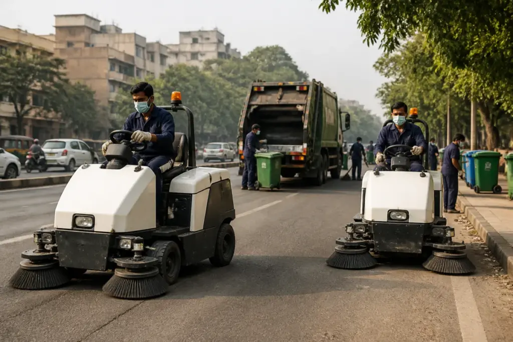 Delhi MCD litter pickers being deployed for mechanical street cleaning in Sarita Vihar