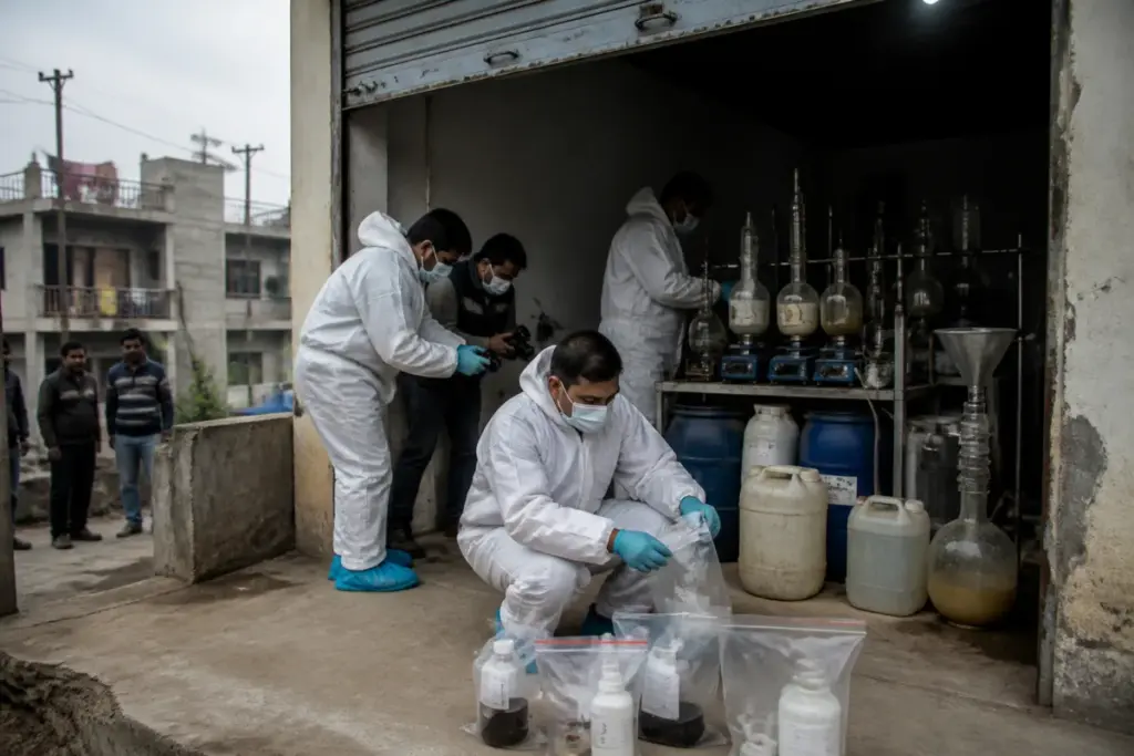 NCB seizure at an illegal Greater Noida drug lab with chemical containers and laboratory equipment