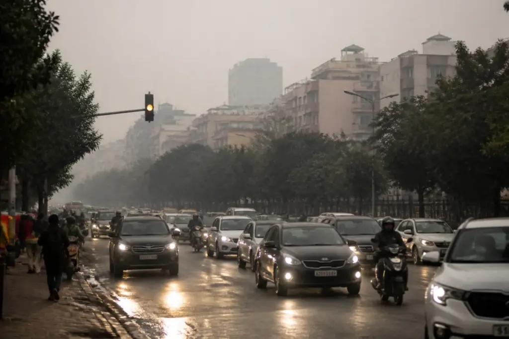 Delhi AQI pollution haze over a busy residential and traffic-filled neighbourhood