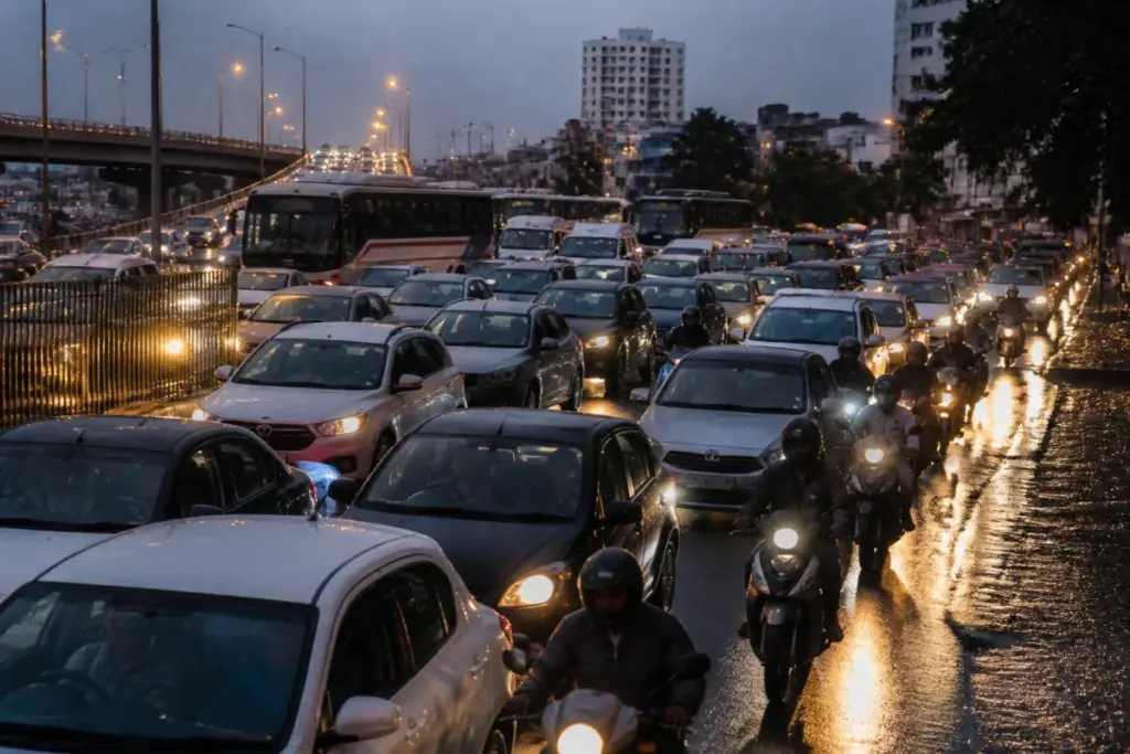 Bengaluru traffic jam on a congested road during Dasara travel and rain