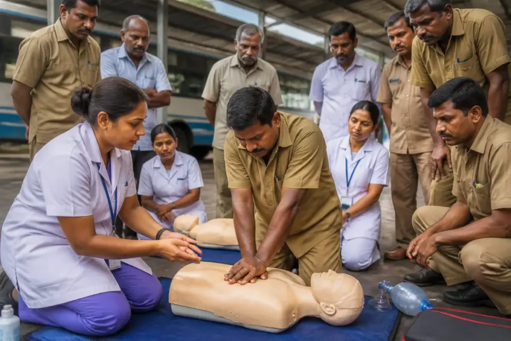 BMTC CPR training session for drivers and conductors at a Bengaluru bus depot
