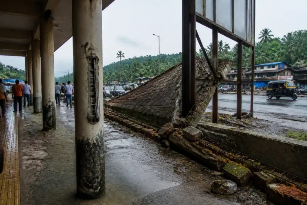 Uppinangady compound wall collapse beside a passenger shelter after heavy rain
