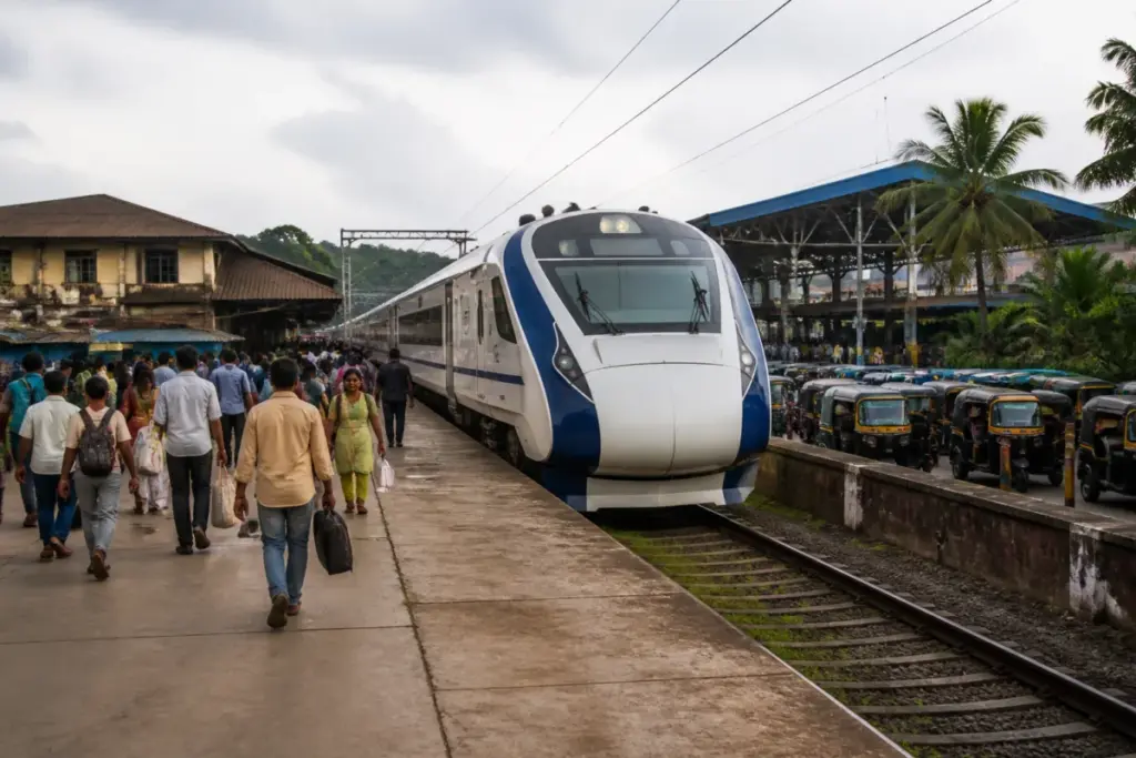 Mangaluru Vande Bharat train near a railway station with passengers and city transport links