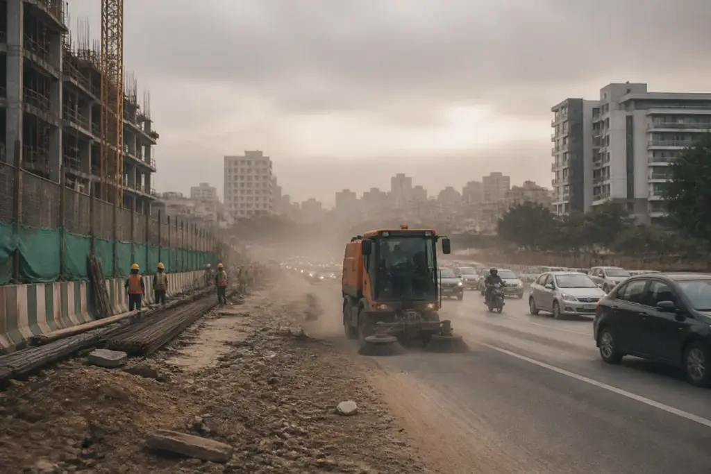 Pune air pollution and construction dust along an urban road