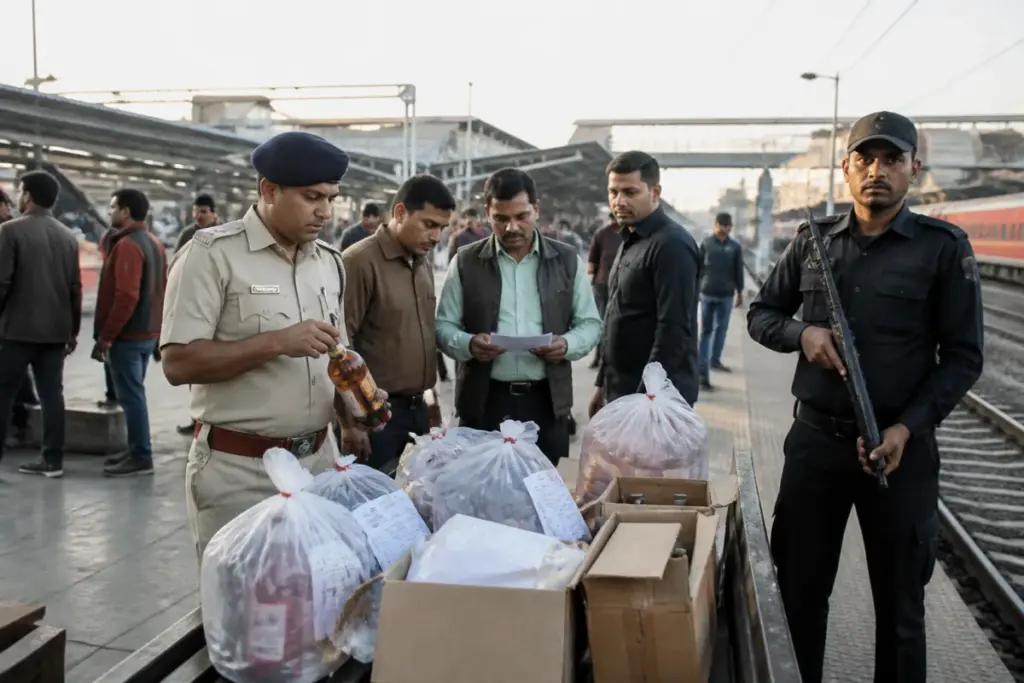 Sabarmati railway station liquor seizure during a State Monitoring Cell operation in Ahmedabad