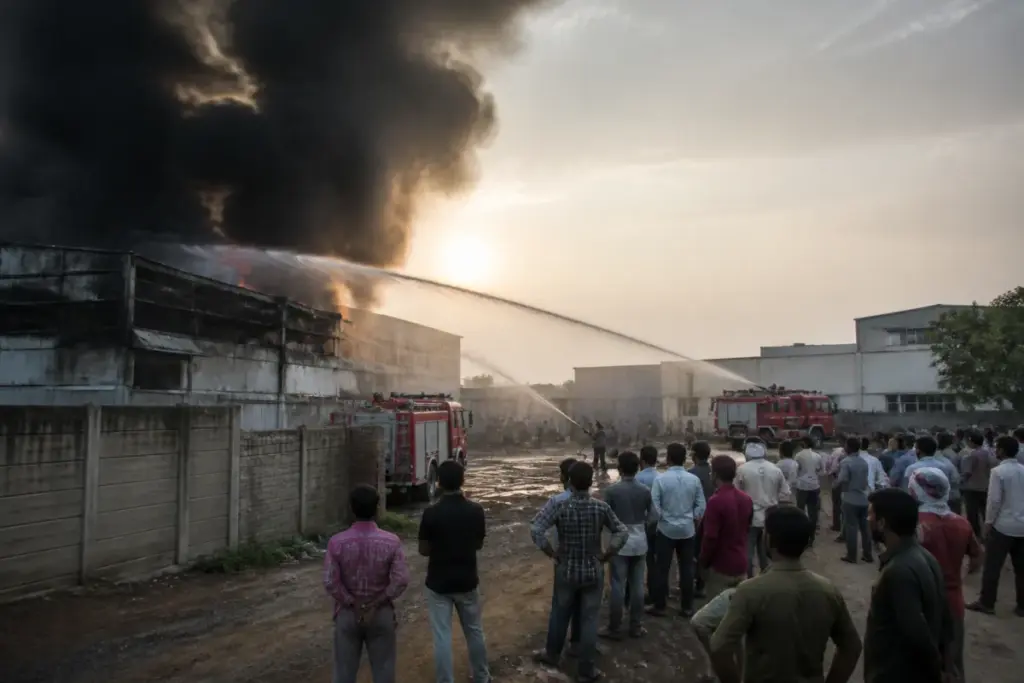Santej factory fire with firefighters tackling a large blaze near Kalol