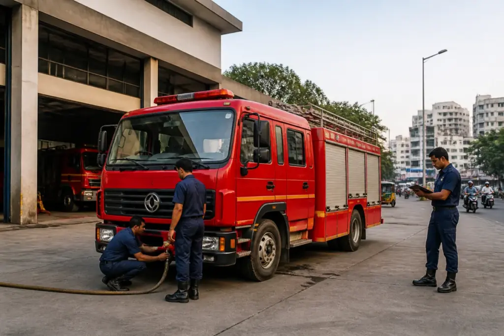 Ahmedabad Fire Brigade vehicle outside a fire station in Thaltej