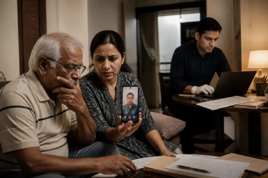 Digital arrest scam victim using a phone during a cybercrime investigation in Gandhinagar