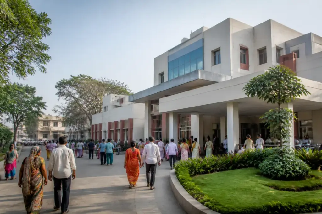 Tata Trusts nonprofit hospitals concept with a modern community healthcare facility in India