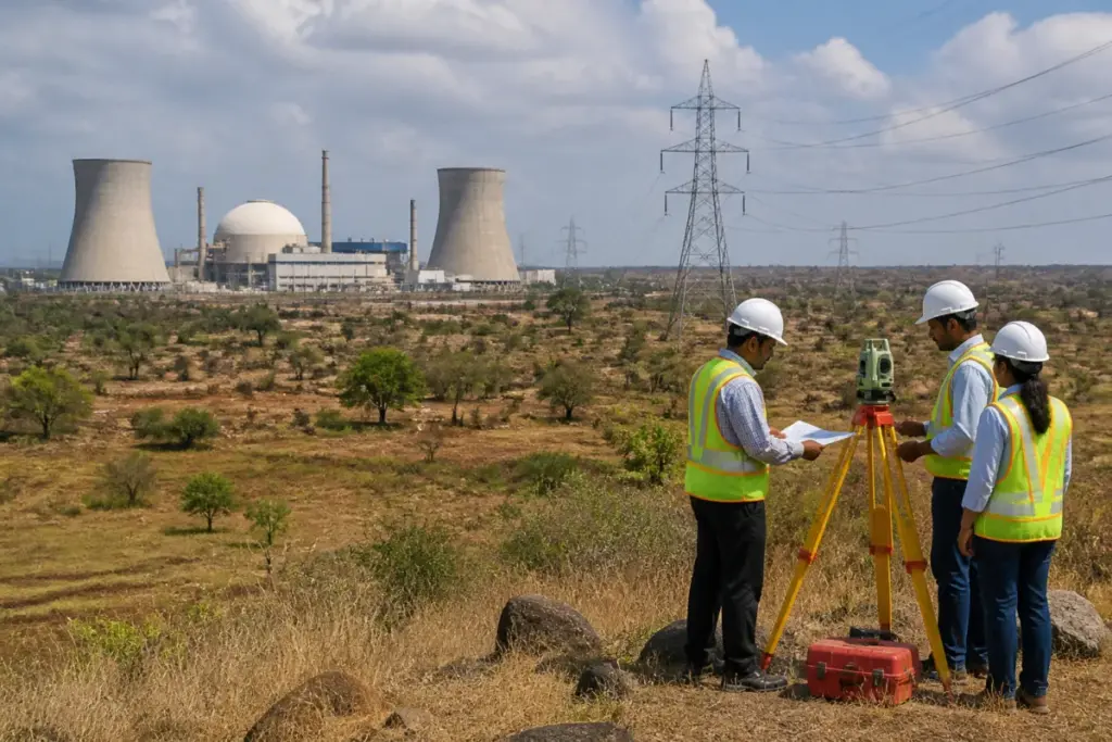 NTPC nuclear projects planned across Indian states, represented by a nuclear power facility and transmission infrastructure