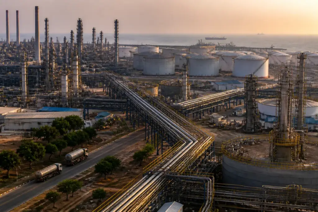 India Russia oil sanctions and fuel supply infrastructure at a large Indian refinery