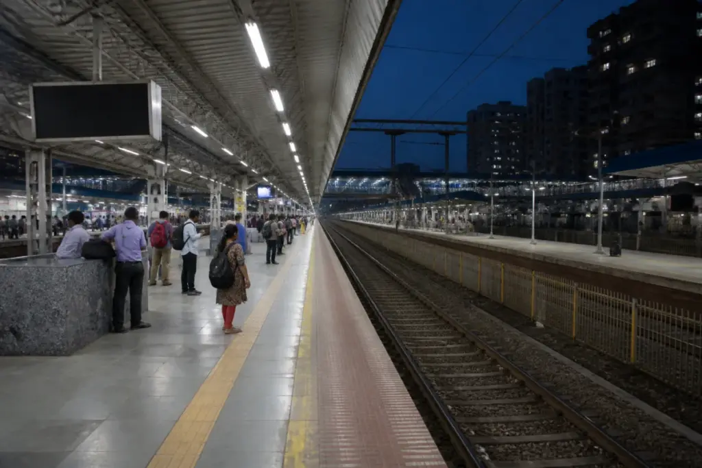 Improved Sion station lighting on a Mumbai railway platform