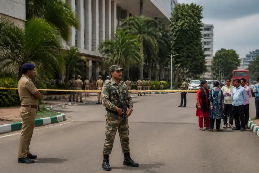 Security personnel outside a Kerala government building after hoax bomb threats