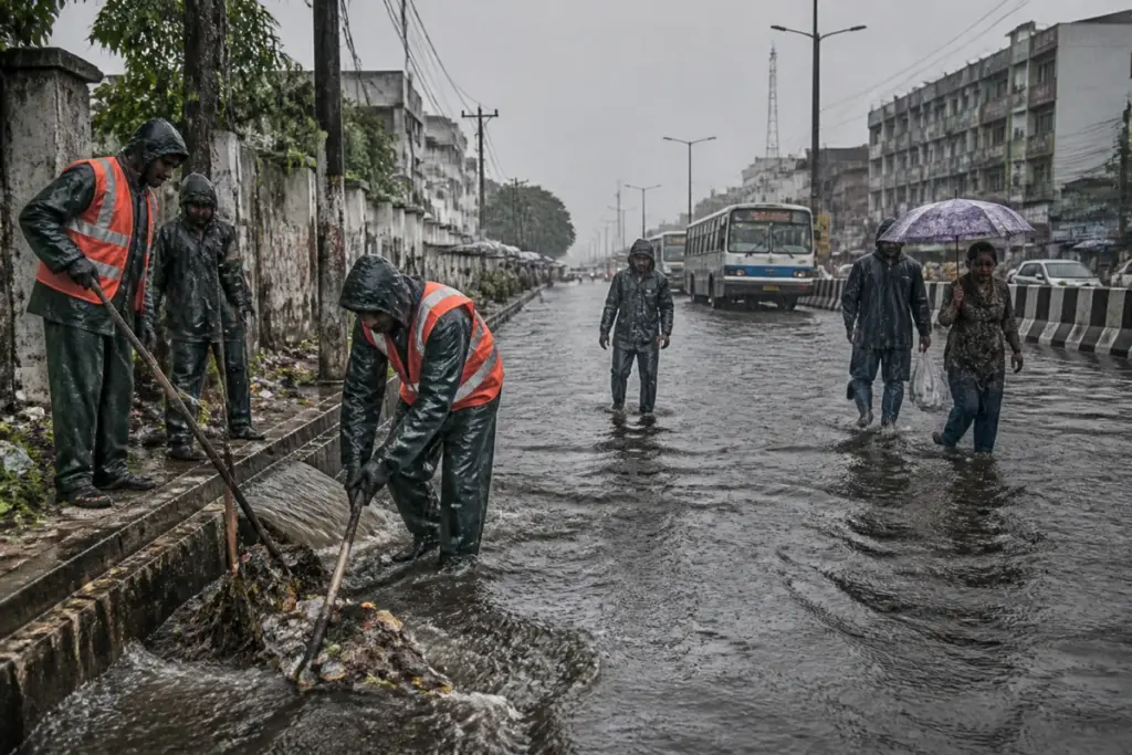 Chennai rain flooding a city road as civic workers respond to waterlogging