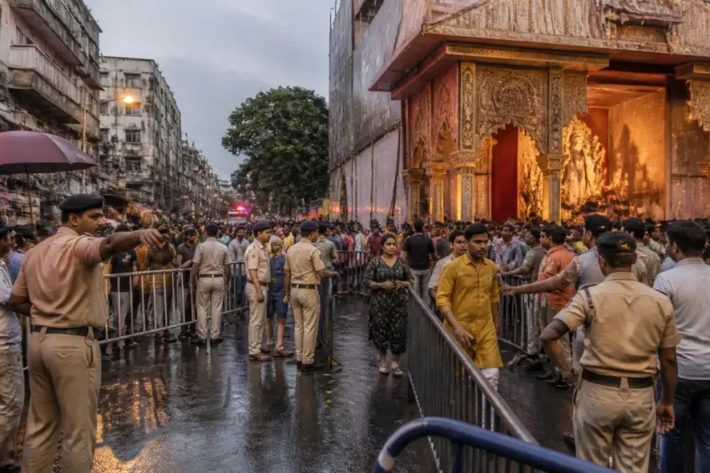 Kolkata stampede site near a crowded Durga Puja pandal with police barricades and narrow access roads