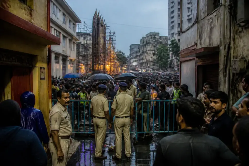 Kolkata pandal stampede aftermath near a crowded Durga Puja venue