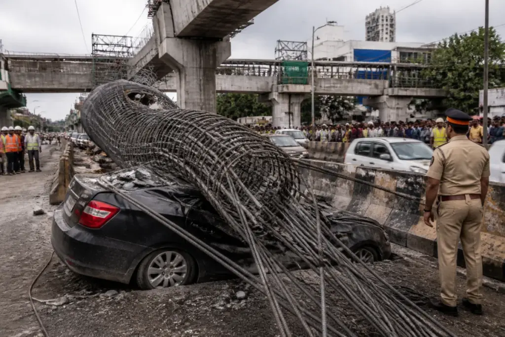 Damaged car beneath a collapsed steel cage on Thane's Eastern Express Highway