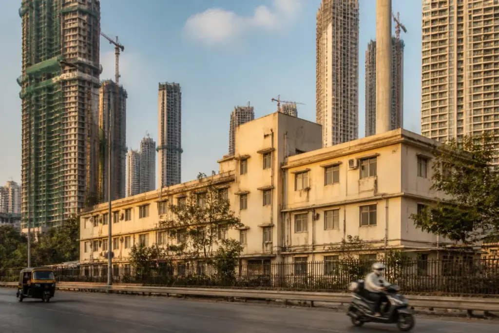 BMC Lower Parel plot lease site near a municipal laboratory and dense Mumbai redevelopment