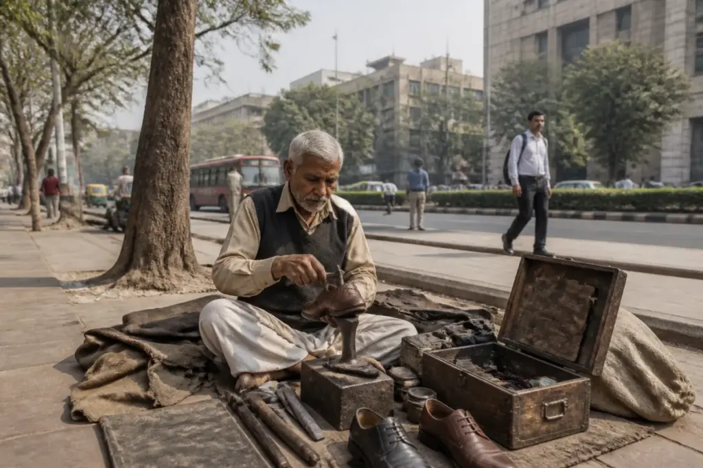 Delhi street economy worker repairing shoes on a pavement near ITO