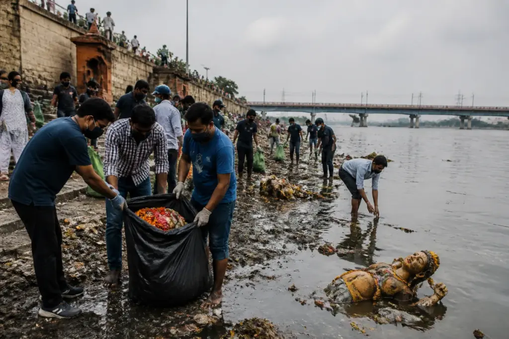 Yamuna cleanup volunteers collecting plastic and idol waste at a Delhi riverbank
