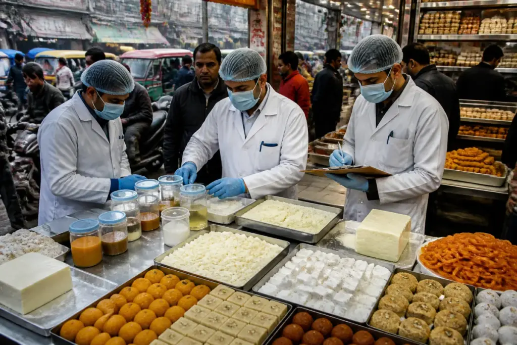 Khoya adulteration inspection at a Delhi festive sweets market