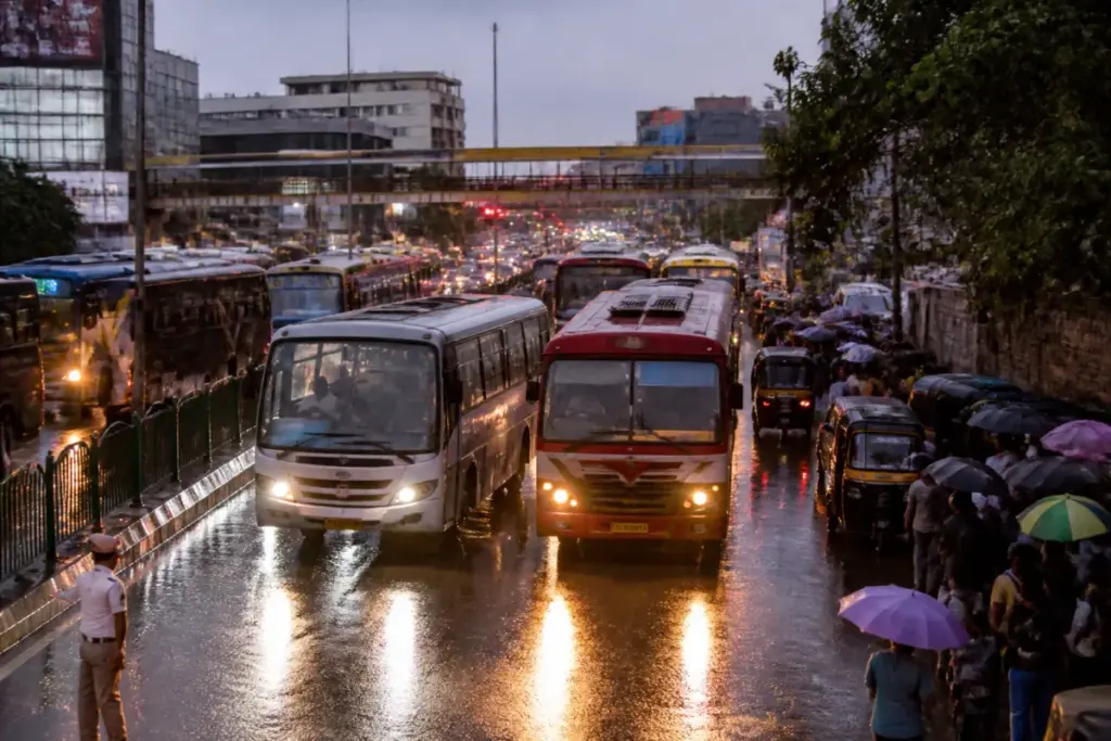 Bengaluru traffic congestion around buses and rain-hit roads on Tumakuru Road