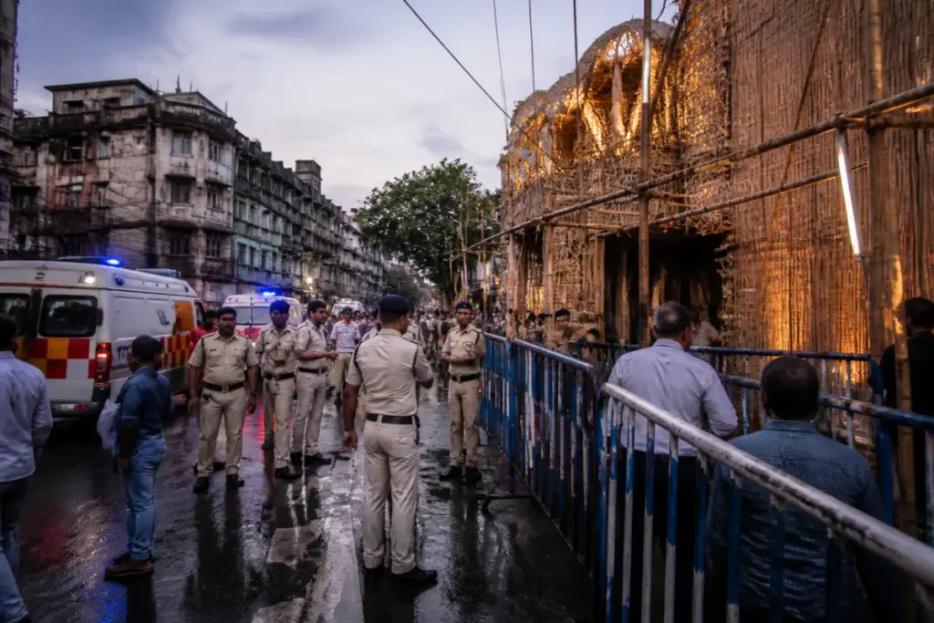 Kolkata Durga Puja stampede site with police barricades and a crowded pandal area
