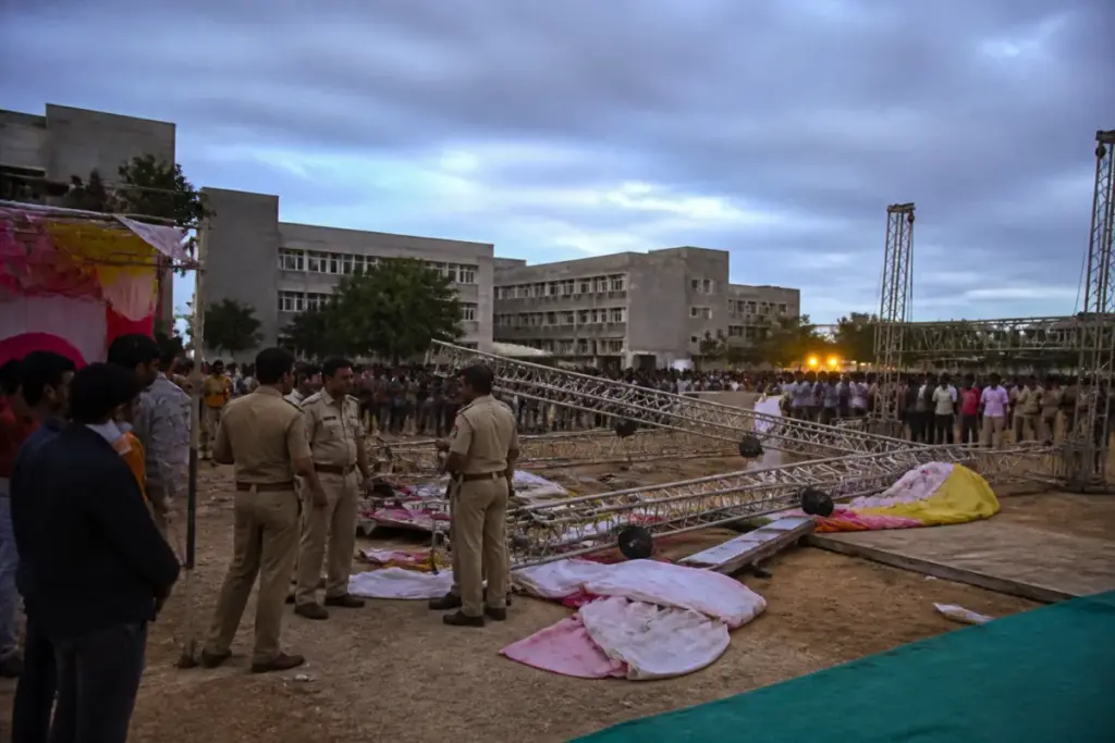 Lighting truss at an MVSR College event site after a fatal accident in Nadergul