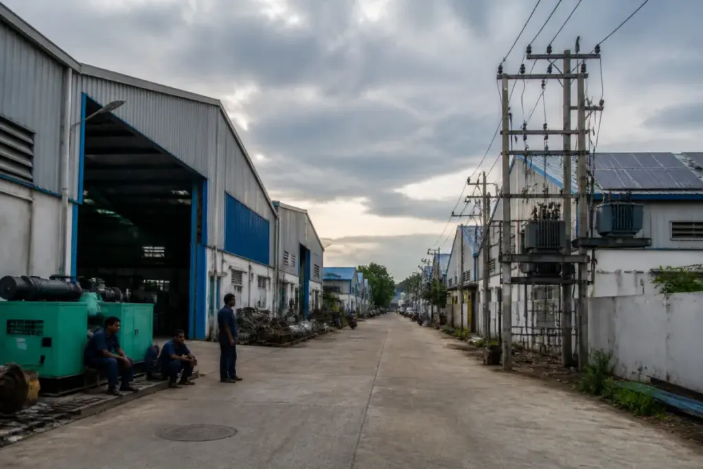 Hyderabad power cuts affecting an industrial unit with rooftop solar panels and factory machinery