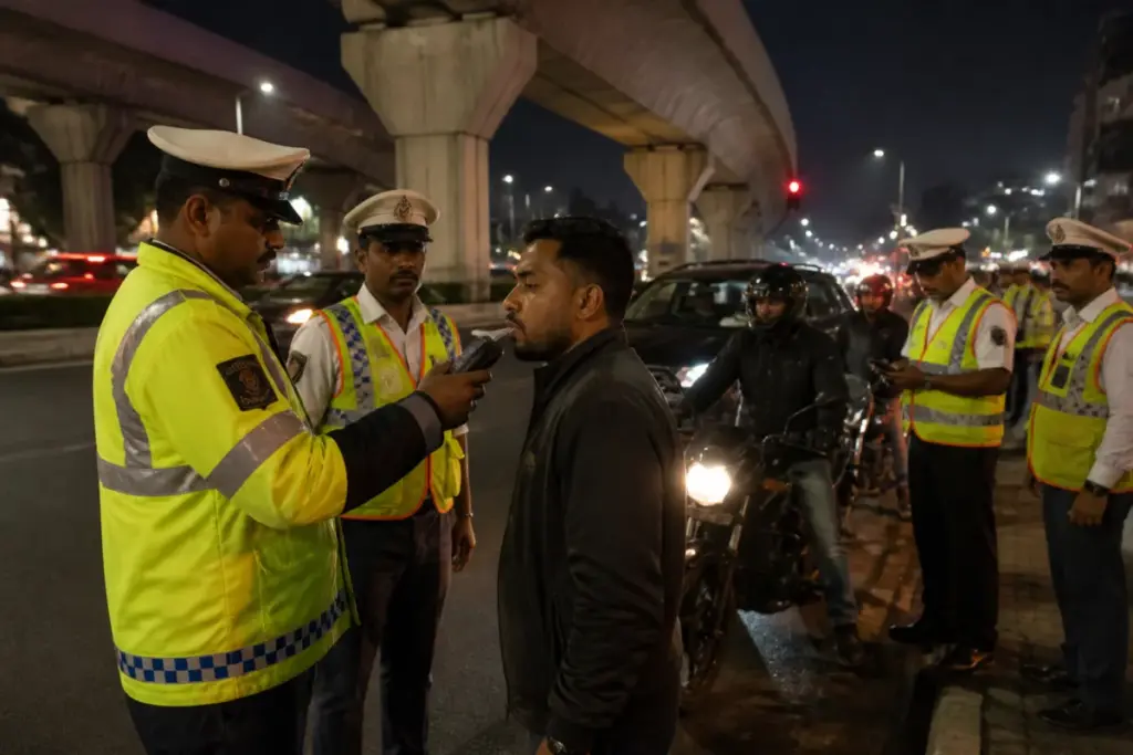 Cyberabad Traffic Police conducting a drunk driving enforcement check in Hyderabad