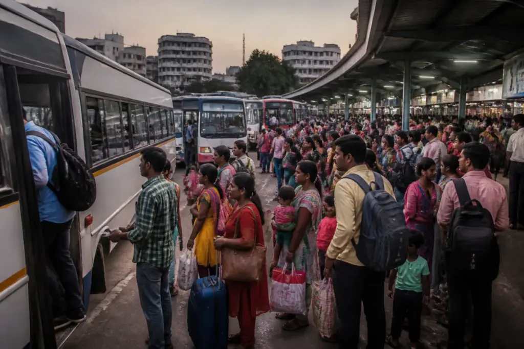 Telangana bus fare hikes on festival services at a busy Hyderabad bus station
