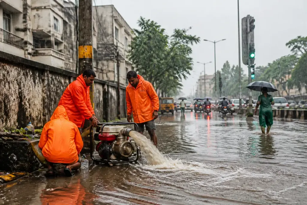 Chennai red alert rain flooding a city road as municipal teams respond